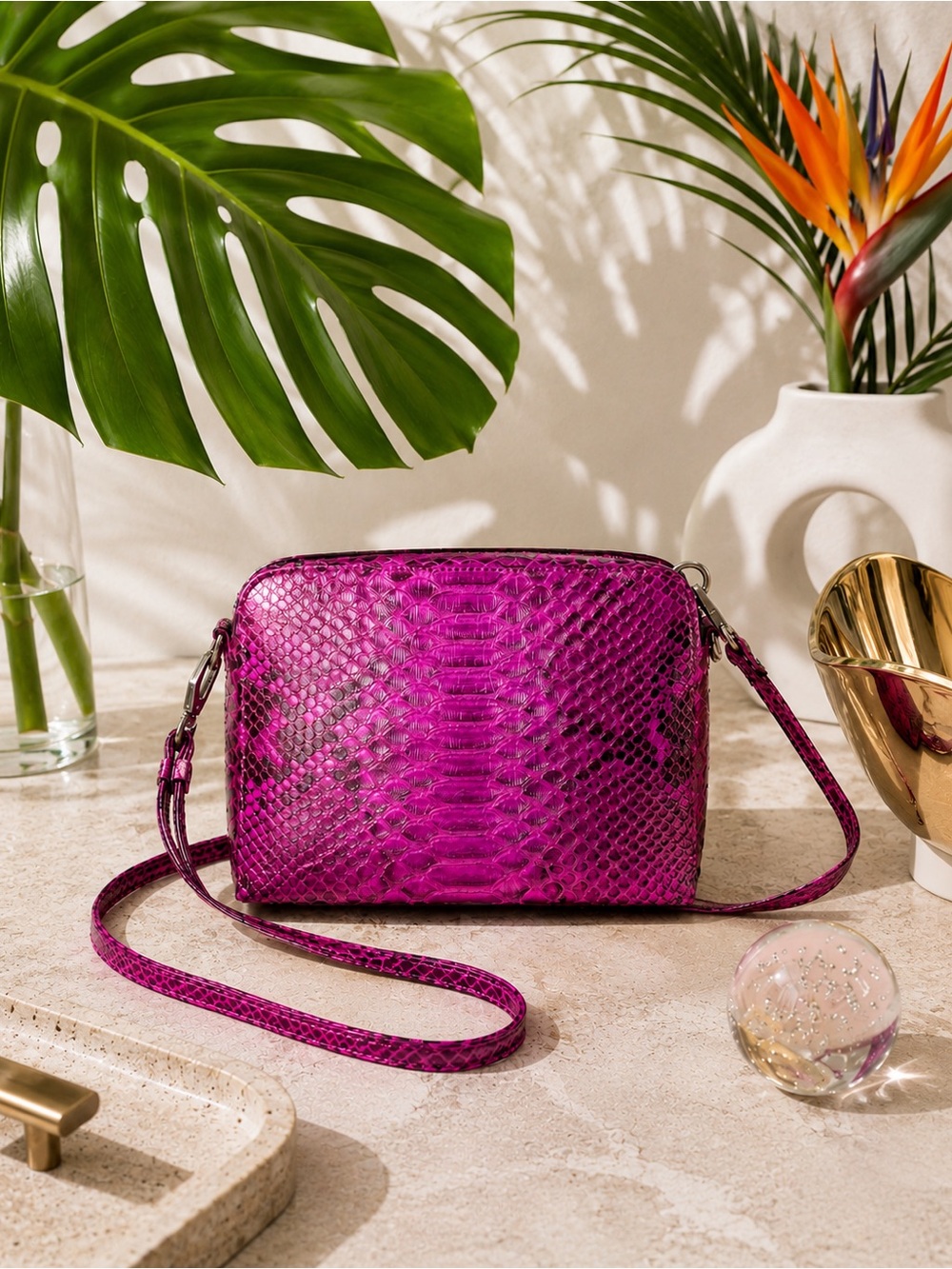 Fuchsia Genuine Python Crossbody – Real Snakeskin Shoulder Bag w Silver Hardware